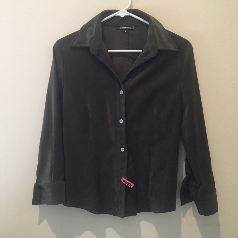 Harold’s leather/suede olive green shirt